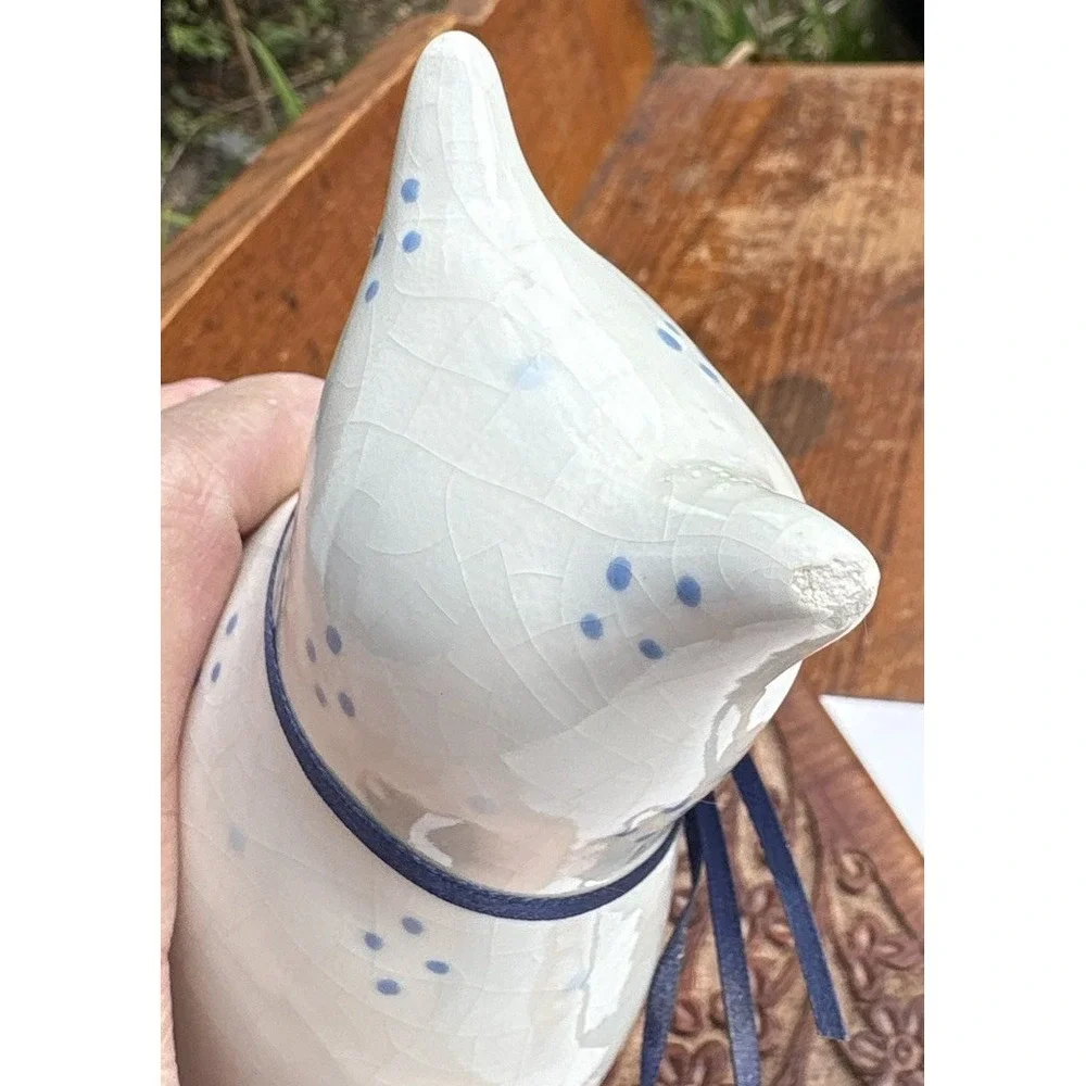 Ceramic White Light Blue Floral Cat Kitty Figurine 8